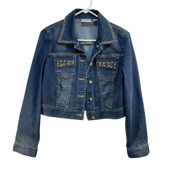 Chico's Platinum Beadazzled Stretch Jean Jacket Studded Bling Crop 0/Small - Picture 1 of 10